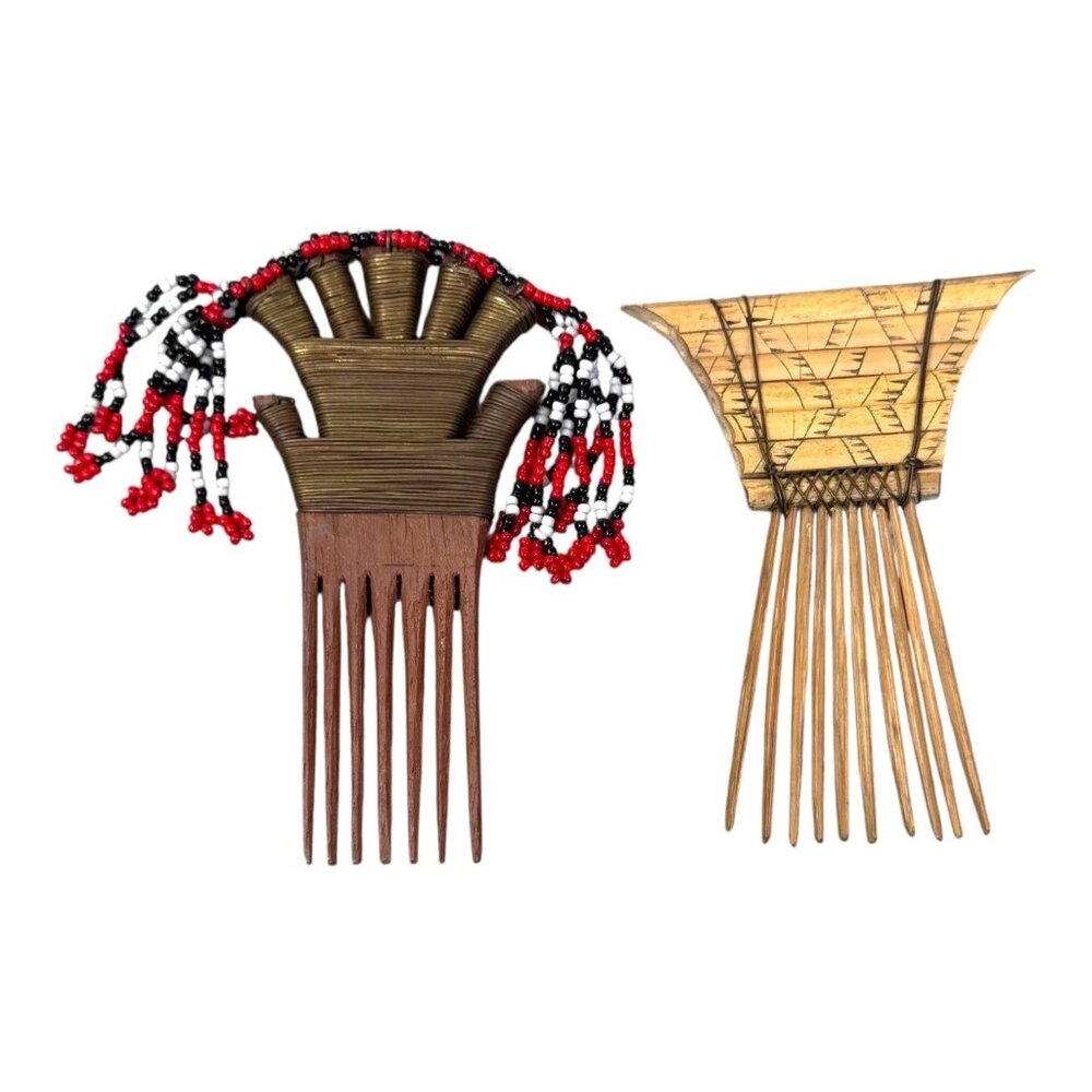 Vintage Phillipines & Samoan Vintage Wooden Brass Hair Combs Beaded Accents Lot